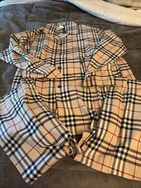 Authentic Men Burberry Beige Plaid Pajamas with Black and Red Accents